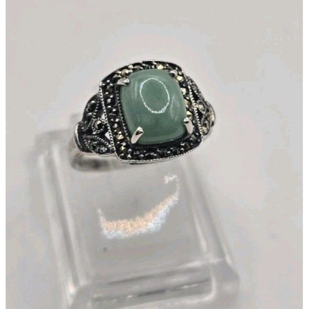 Vintage Genuine Jade Marcasite 925 Sterling Silver Open Work Silver Ring Size 6